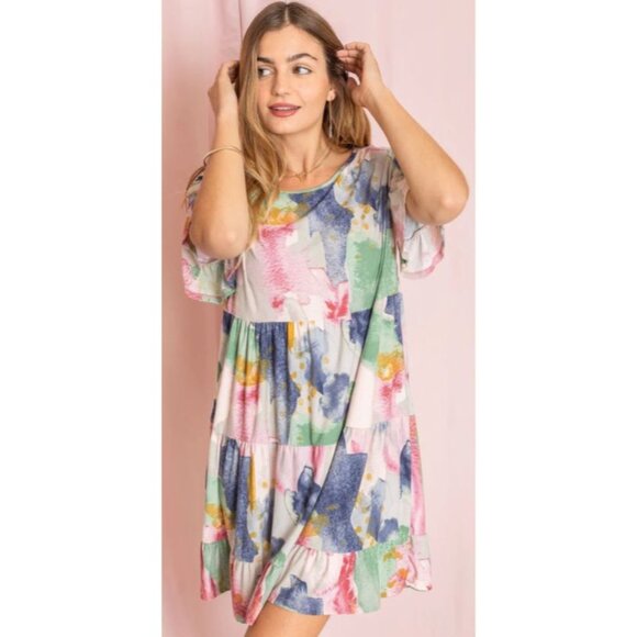 Watercolor Tiered Babydoll Dress Short Sleeve Lightweight Multicolor Womens Dres - Picture 6 of 7